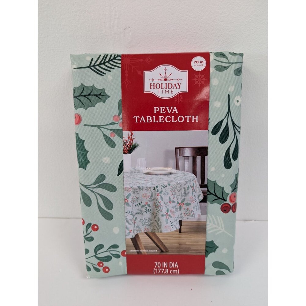 Holiday Time PEVA Tablecloth 70" Round Diameter Chloride-Free Floral Design Chri